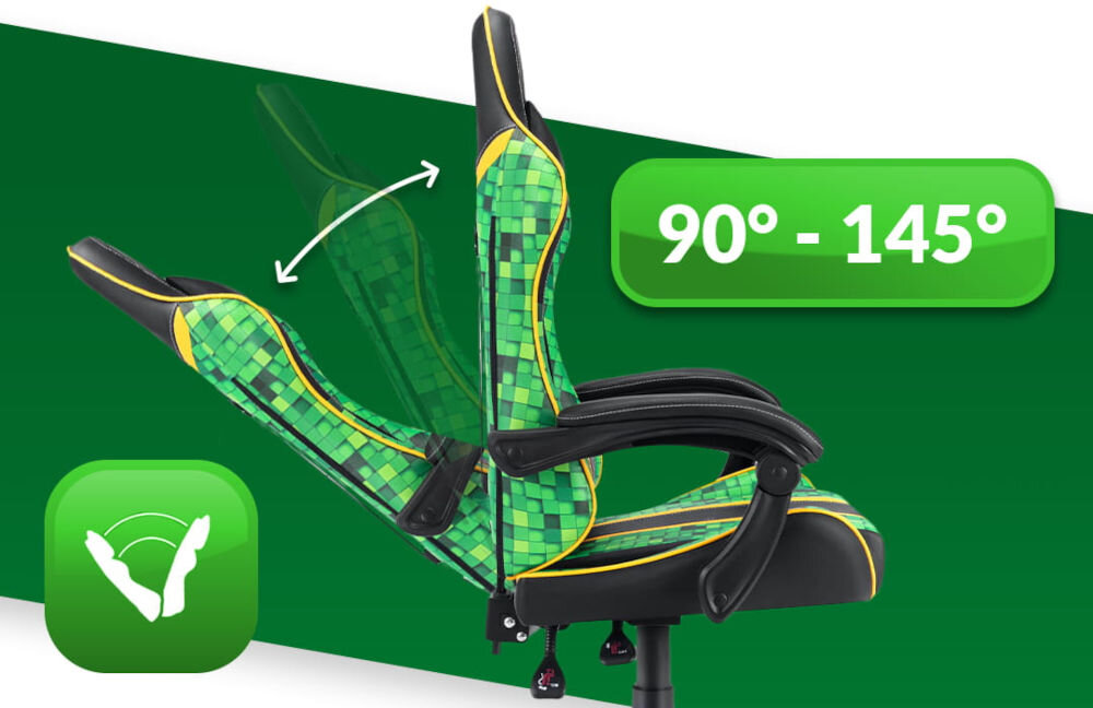 Fotel HELL'S CHAIR HC-1005 Cube Zielono-czarny prezentacja fotela od boku i jego możliwej regulacji na zielono-białym tle płynna regulacja kąta pochylenia oparcia zakres wygodna dźwignia optymalna pozycja dla komfortu