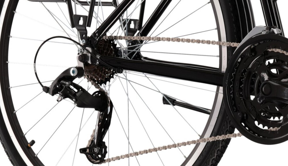 Rower trekkingowy KROSS Trans 1.0 D15 28 cali damski Czarno-szary przednia przerzutka SHIMANO Tourney tylna przerzutka SUNRACE RDM41 duza wytrzymalosc sprawne dzialanie zmiana biegow plynna bezproblemowa