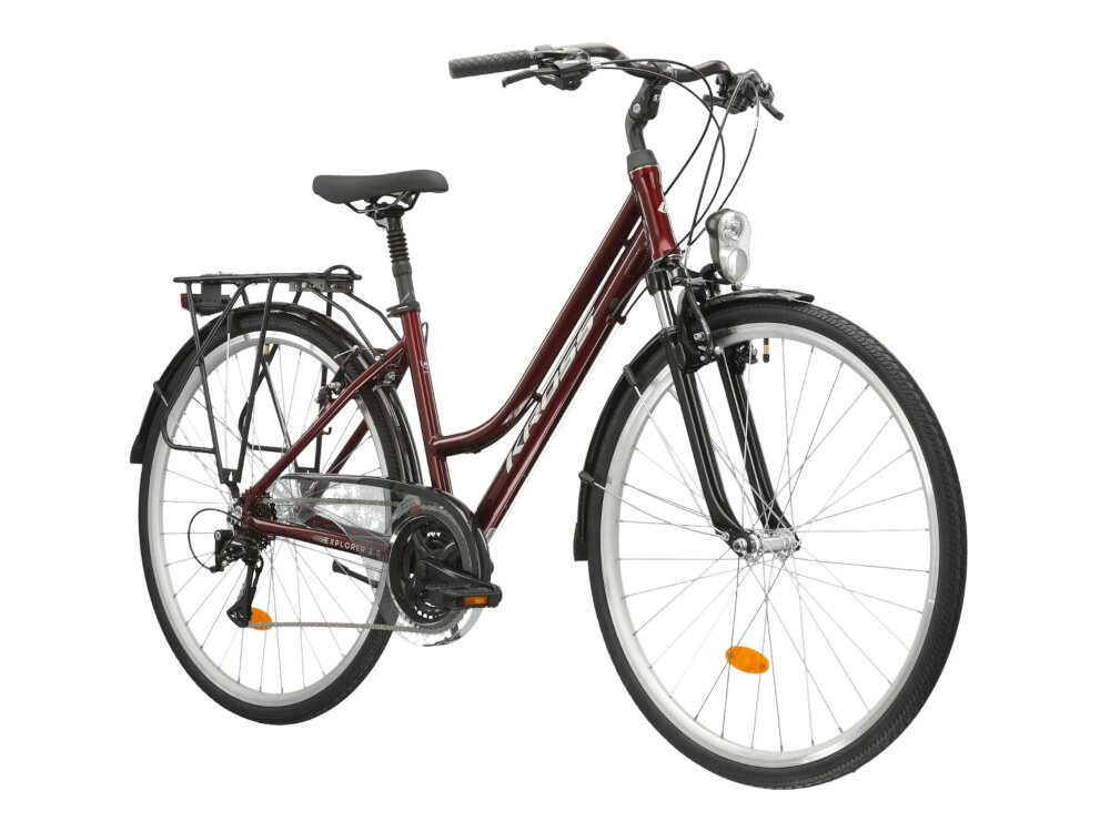 Rower trekkingowy KROSS Explorer 2.0 D15 28 cali damski Rubinowo-srebrny do miasta poza miasto do jazdy po asfalcie po nieutwardzonych drogach trekkingowa geometria jazda w niemeczacej naturalnej wyprostowanej pozycji