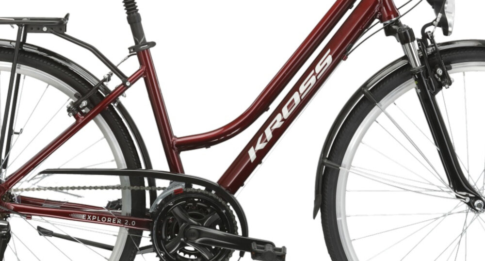 Rower trekkingowy KROSS Explorer 2.0 D15 28 cali damski Rubinowo-srebrny rama 15-calowa aluminiowa zwinny lekki latwo podniesc odporny na korozje wybor rozmiaru ramy Twoj wzrost mierzony w zrelaksowanej pozycji typ roweru dla osob o wzroscie od 154 do 165 cm