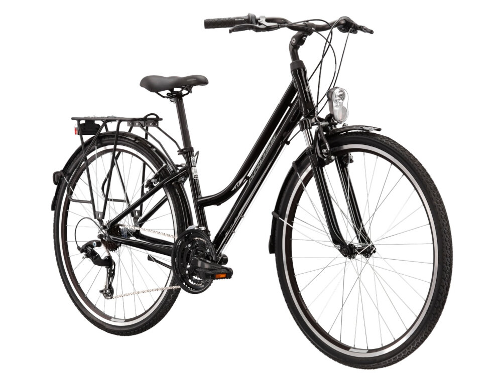 Rower trekkingowy KROSS Trans 1.0 D15 28 cali damski Czarno-szary dla kobiet do jazdy po asfalcie i po nieutwardzonych drogach trekkingowa geometria jazda w niemeczacej naturalnej wyprostowanej pozycji