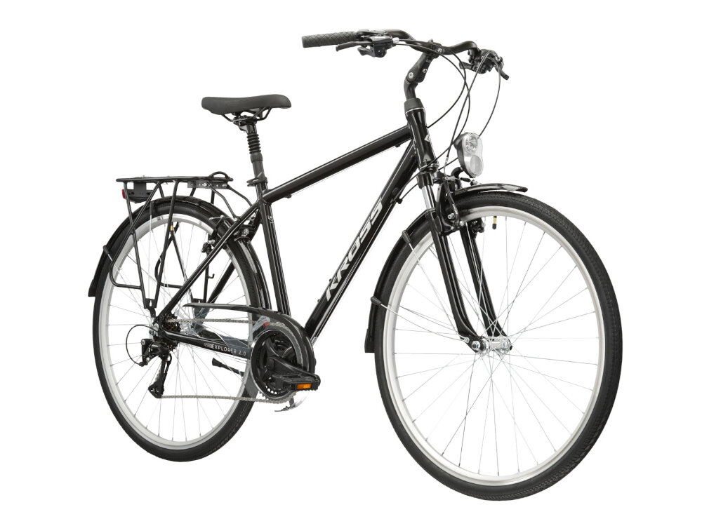 Rower trekkingowy KROSS Explorer 2.0 M17 28 cali męski Czarno-srebrny do miasta poza miasto do jazdy po asfalcie po nieutwardzonych drogach trekkingowa geometria jazda w niemeczacej naturalnej wyprostowanej pozycji