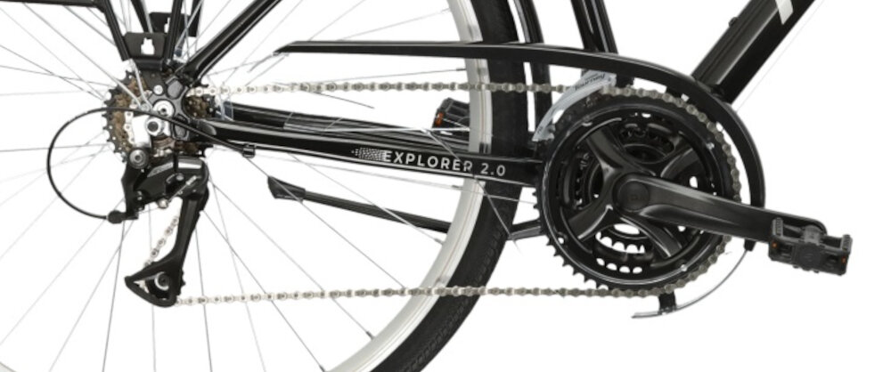 Rower trekkingowy KROSS Explorer 2.0 M17 28 cali męski Czarno-srebrny 21 przelozen przednia przerzutka SHIMANO Tourney tylna przerzutka SHIMANO Acera duza wytrzymalosc sprawne dzialanie plynna bezproblemowa zmiana biegow