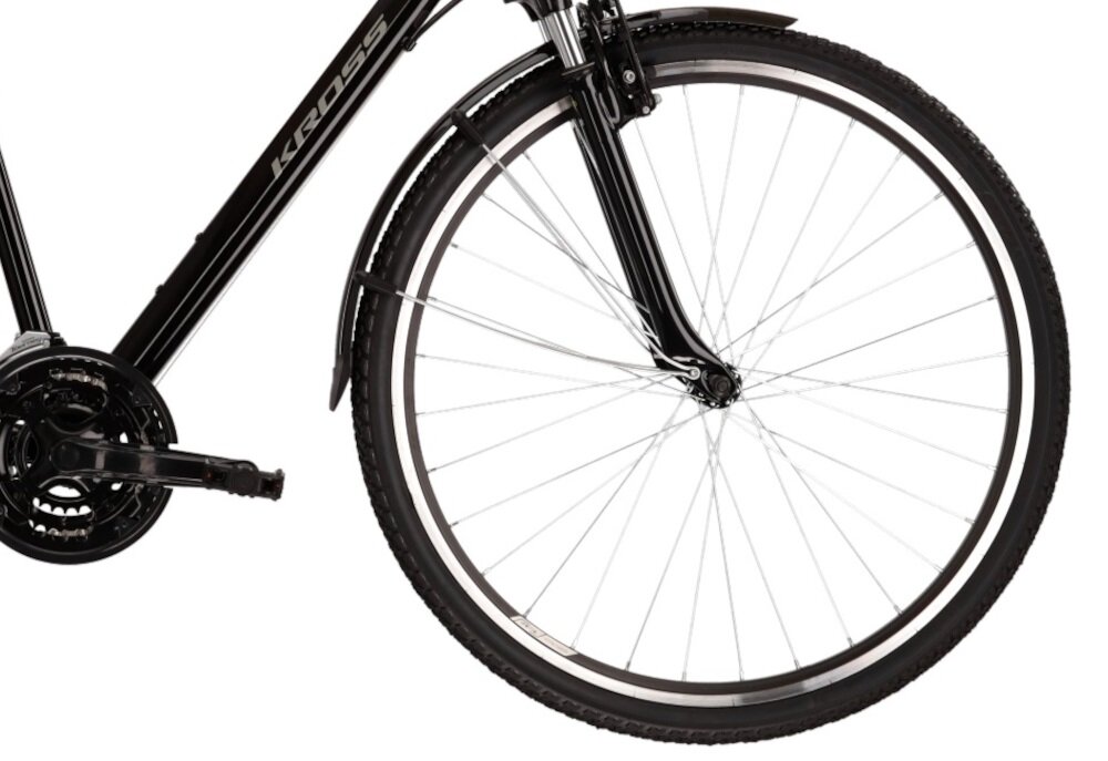 Rower trekkingowy KROSS Trans 1.0 M23 28 cali damski Czarno-szary kola 28-calowe aluminiowe obrece latwiej pokonac przeszkody wikeszy kontakt opony z podlozem szerokie opony marki WANDA dobra przyczepnosc regularne sprawdzanie cisnienia powietrza wartosc na bocznej czesci opony