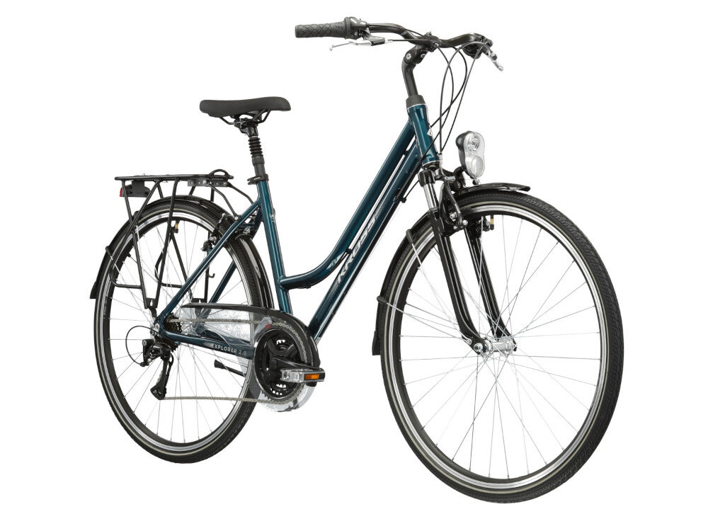 Rower trekkingowy KROSS Explorer 2.0 U19 28 cali Turkusowo-srebrny dla kobiet i mezczyzn do jazdy po asfalcie i po nieutwardzonych drogach trekkingowa geometria jazda w niemeczacej naturalnej wyprostowanej pozycji