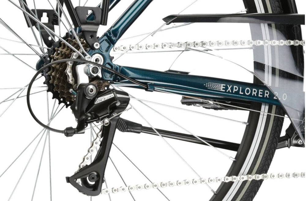 Rower trekkingowy KROSS Explorer 2.0 U19 28 cali Turkusowo-srebrny 21 przelozen przednia przerzutka SHIMANO Tourney tylna przerzutka SHIMANO Acera duza wytrzymalosc sprawne dzialanie plynna bezproblemowa zmiana biegow