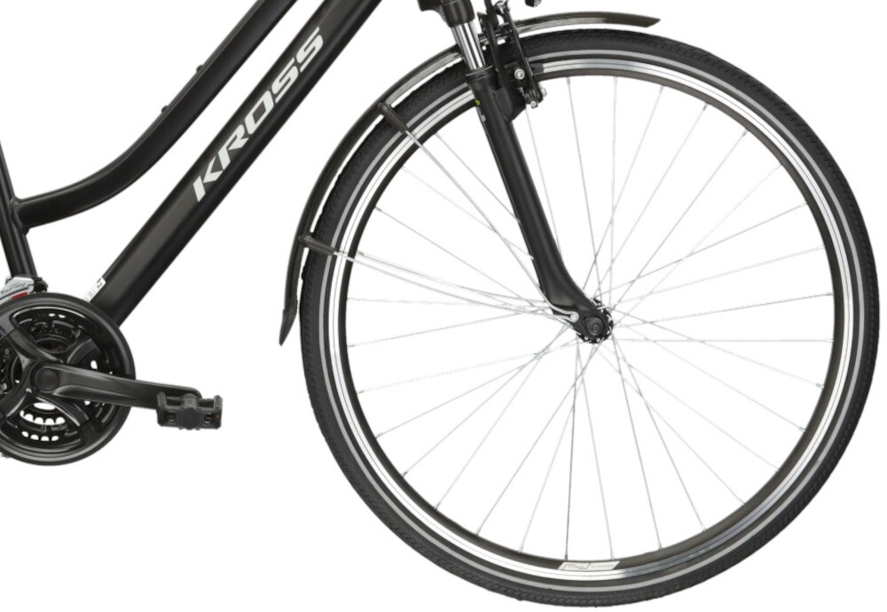 Rower trekkingowy KROSS Trans 2.0 D15 28 cali damski Czarny kola 28-calowe aluminiowe obrece latwiej pokonac przeszkody wikeszy kontakt opony z podlozem szerokie opony marki WANDA dobra przyczepnosc regularne sprawdzanie cisnienia powietrza wartosc na bocznej czesci opony