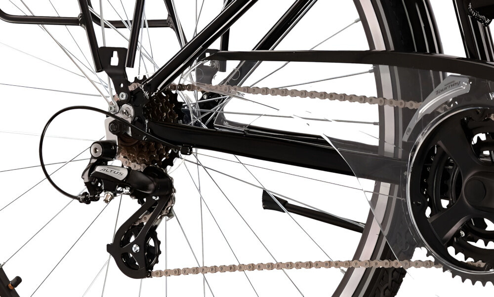 Rower trekkingowy KROSS Trans 2.0 D15 28 cali damski Czarny 21 przelozen przednia przerzutka SHIMANO Tourney tylna przerzutka SHIMANO Altus technologia Shadow przerzutka schowana mniej narazona na uszkodzenia duza wytrzymalosc sprawne dzialanie plynna bezproblemowa zmiana biegow