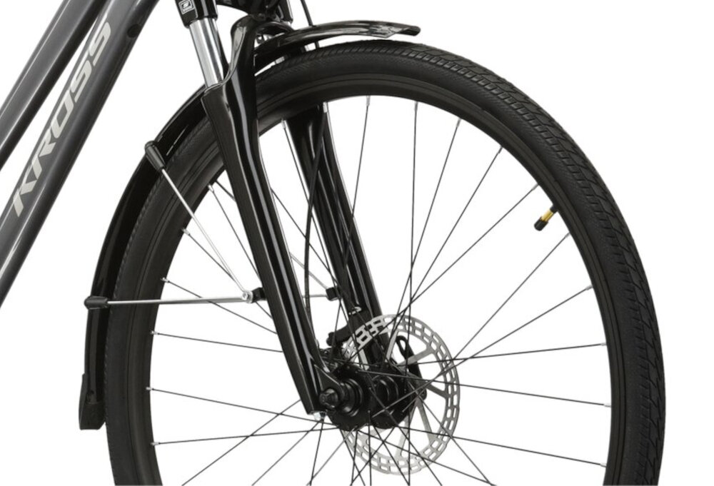 Rower trekkingowy KROSS Explorer 4.0 D17 28 cali damski Grafitowy rower ttpu hardtail przedni amortyzator SR Suntour typu NEX HLO E ze skokiem 63 mm niska masa roweru duza sztywnosc regulacja za pomoca sprezyny srubowej