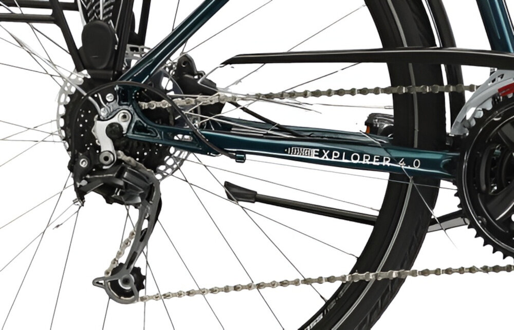 Rower trekkingowy KROSS Explorer 4.0 M19 28 cali męski Turkusowy przerzutki renomowanej marki SHIMANO duza wytrzymalosc sprawne dzialanie przednia przerzutka SHIMANO Tourney tylna przerzutka SHIMANO Deore profesjonalna jakosc wykonania znakomita funkcjonalnosc szeroki zakres przelozen