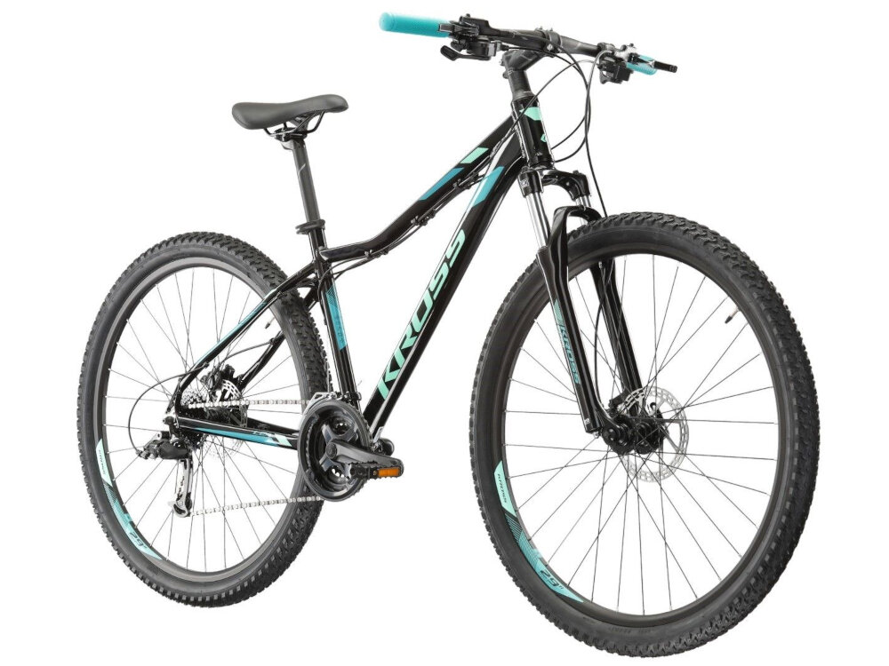 Rower górski MTB KROSS Lea 5.0 D14 27.5 cala damski Czarno-turkusowy do jazdy rekreacyjnej dla kobiet szybki wygodny pojazd zwrotny latwo wchodzi w najtrudniejsze zakrety