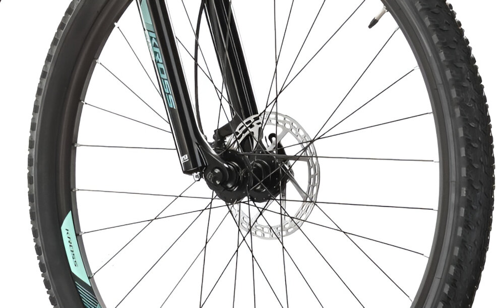 Rower górski MTB KROSS Lea 5.0 D14 27.5 cala damski Czarno-turkusowy uniwersalne zastosowanie do jazdy w miescie poza miastem w lesie na latwym i trudnym gorskim szlaku w niezbyt grzaskim blocie nie za glebokim piachu aluminiowe obrecze zachowanie regularnego ksztaltu kol stabilne trzymanie opony gwarancja bezpiecznej komfortowej jazdy