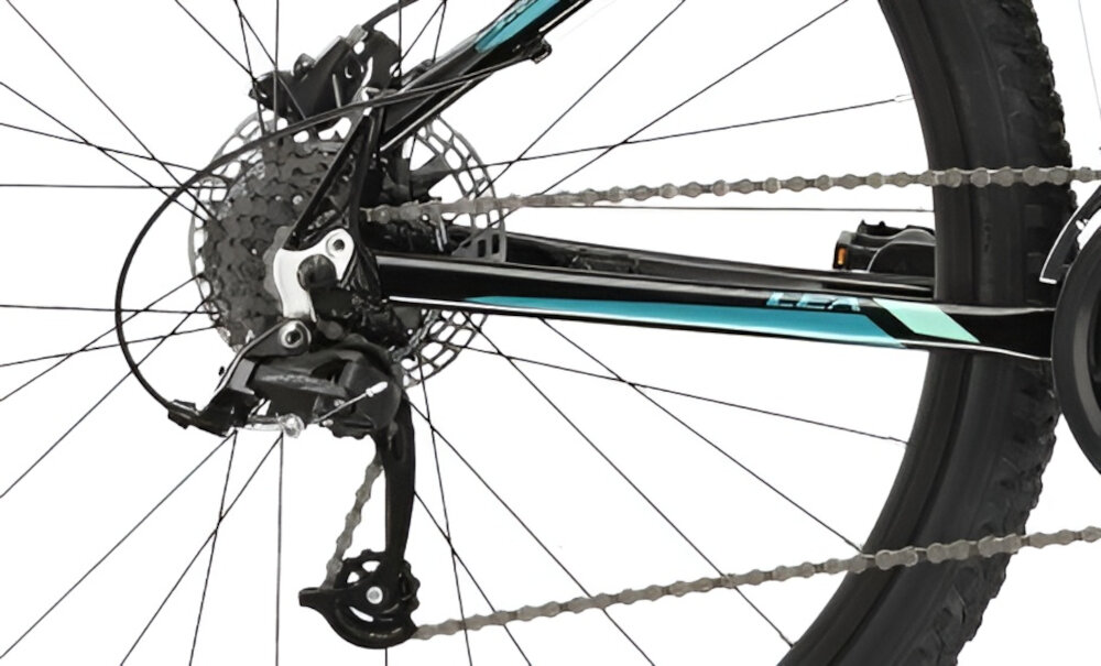 Rower górski MTB KROSS Lea 5.0 D14 27.5 cala damski Czarno-turkusowy 18 przelozen przerzutki marki MicroSHIFT wysoka wytrzymalosc precyzyjne dzialanie plynna bezproblemowa zmiana biegow tylna przerzutka grupa CUES niewiarygodnie plynna niezawodna zmiana przelozen wytrzymala