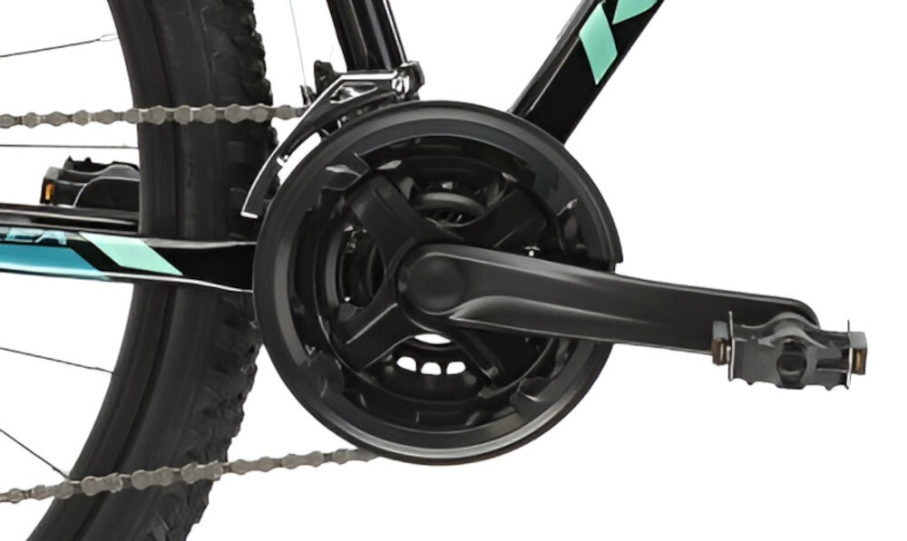 Rower górski MTB KROSS Lea 5.0 D14 27.5 cala damski Czarno-turkusowy lekka wydajna konstrukcja korby SUNTOUR XCC kaseta SHIMANO Tourney typ HG200 niezrownana solidnosc wytrzyma bardzo duzy nacisk na pedaly