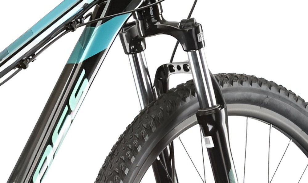 Rower górski MTB KROSS Lea 5.0 D14 27.5 cala damski Czarno-turkusowy rower typu hardtail przedni amortyzator  marki SUNTOUR typu XCE28 ze skokiem 80 mm niweluje wstrzasy do jazdy na nierownej wyboistej nawierzchni