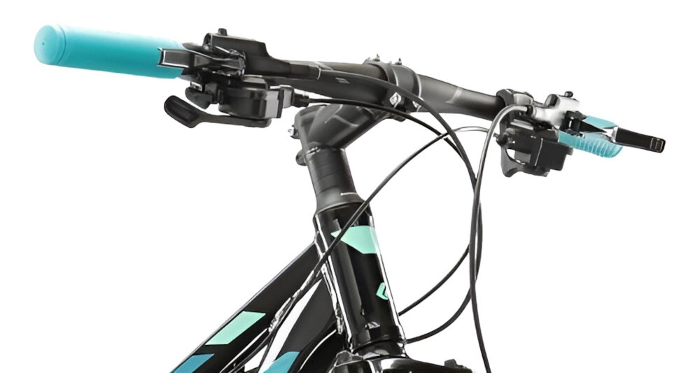 Rower górski MTB KROSS Lea 5.0 D14 27.5 cala damski Czarno-turkusowy aluminiowa kierownica uchwyty pokryte specjalnym antyposlizgowym materialem wieksze bepieczenstwo