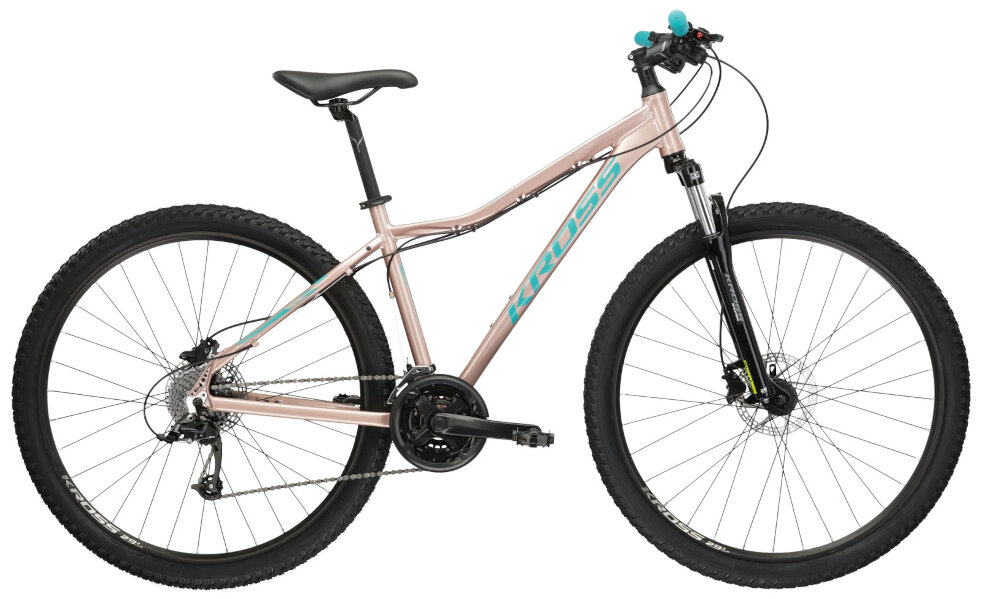 Rower górski MTB KROSS Lea 5.0 D14 27.5 cala damski Różowe złoto rama 14-calowa z wysokiej jakosci stopu aluminium 6061 wysoka sztywnosc odpornosc na zlamania i przeciazenia pomalowana metoda proszkowa lakier bardzo wytrzymaly odporny na uszkodzenia mechaniczne rama odporna na korozje wybor rozmiaru ramy Twoj wzrost mierzony w zrelaksowanej pozycji typ roweru dla osob o wzroscie od 147 do 155 cm