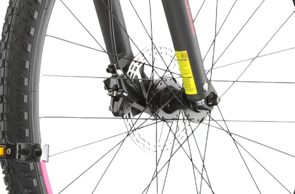 Rower górski MTB KROSS Lea 6.0 D14 27.5 cala damski Czarno-różowy uniwersalne zastosowanie do jazdy w miescie poza miastem w lesie na latwym i trudnym gorskim szlaku w niezbyt grzaskim blocie nie za glebokim piachu aluminiowe obrecze zachowanie regularnego ksztaltu kol stabilne trzymanie opony gwarancja bezpiecznej komfortowej jazdy