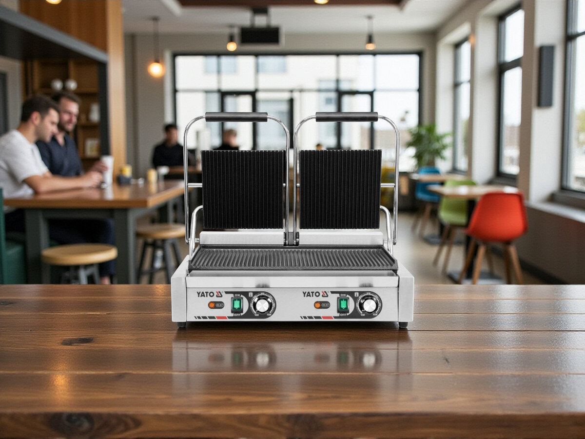 Grill elektryczny YATO YG-04560, funkcjonalność, uniwersalność, dwie strefy, wygoda, Grill YATO YG-04560 ustawiony na drewnianym stole w kawiarni lub restauracji, w tle klienci przy stolikach.