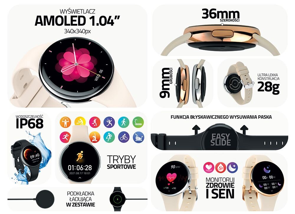 Smartwatch MANTA Livia Mini ekran amoled przekatna rozdzielczosc