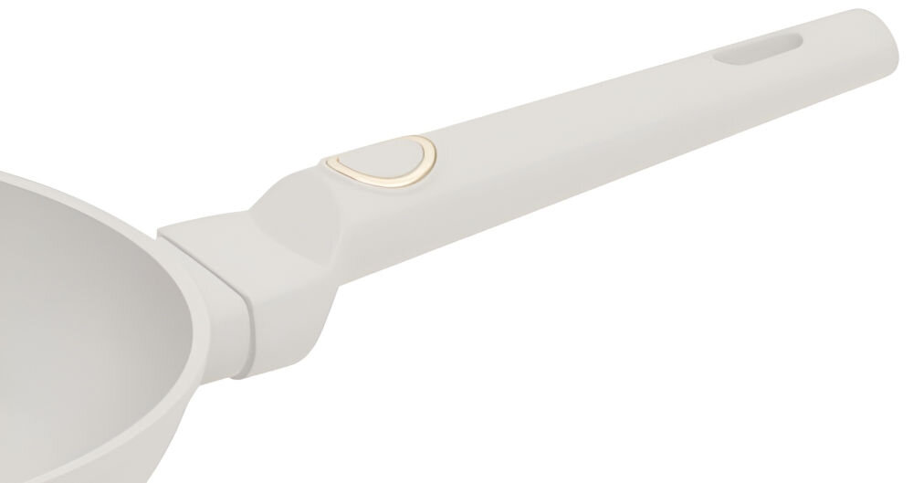 Patelnia BERLINGER HAUS Sahara Collection BH 8054 28 cm zbliżenie na uchwyt w kolorze kremowym złote elementy białe tło z wysokiej jakości kutego aluminium równomierne rozprowadzanie ciepła szybciej przygotowuje się potrawy solidna konstrukcja trwałość wolna od związków PFOA, kadmu i ołowiu bezpieczeństwo dla zdrowia uchwyt soft touch komfort i pewny chwyt 