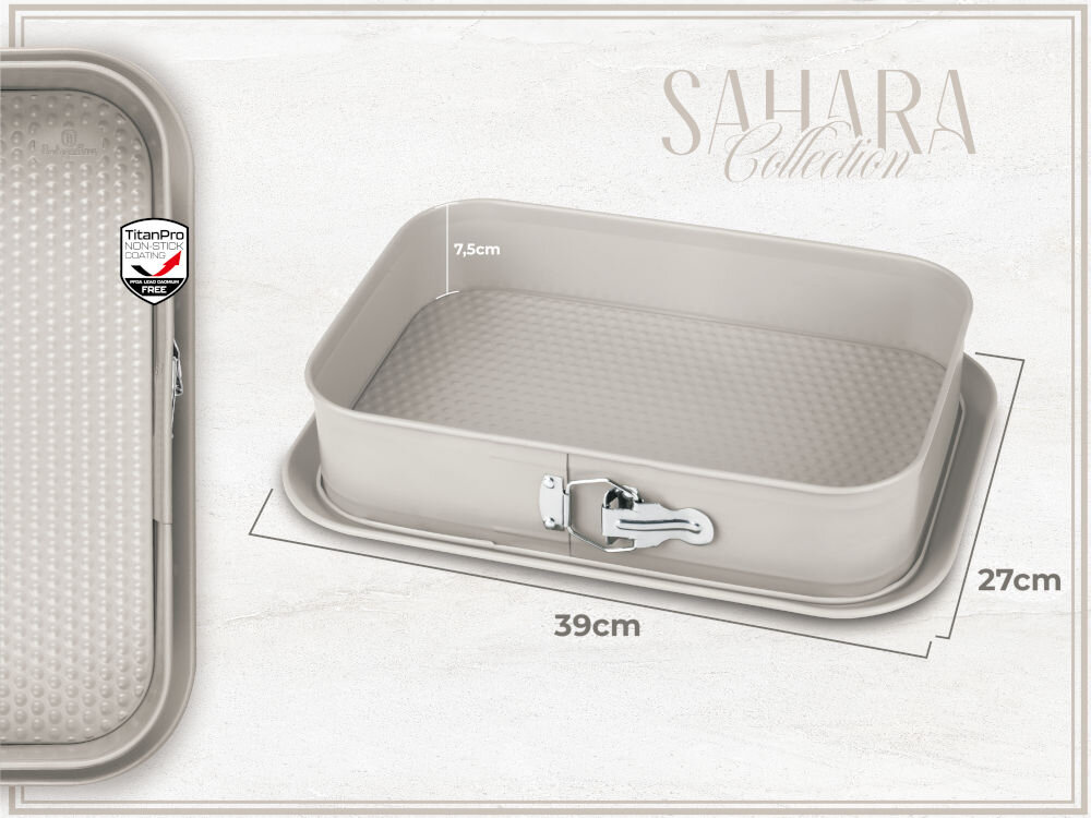 Prostokątna forma do pieczenia z kolekcji Sahara o wymiarach 39 cm x 27 cm x 7,5 cm, z zapięciem i teksturą na dnie. Widoczne logo TitanPro Non-Stick Coating i napis \'Sahara Collection\'.