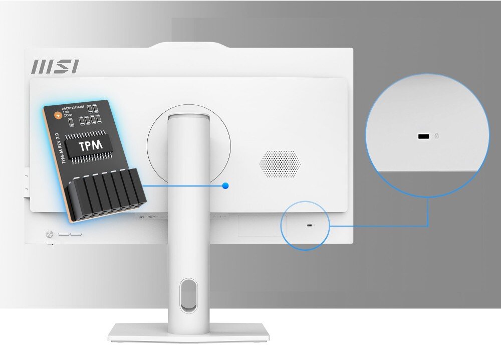 Komputer MSI Pro AP242P 14M-691EU Tył monitora z białą obudową z zaznaczeniem gniazda na moduł TPM i powiększonym widokiem złącza bezpieczeństwo TPM szyfrowanie blokada Kensington