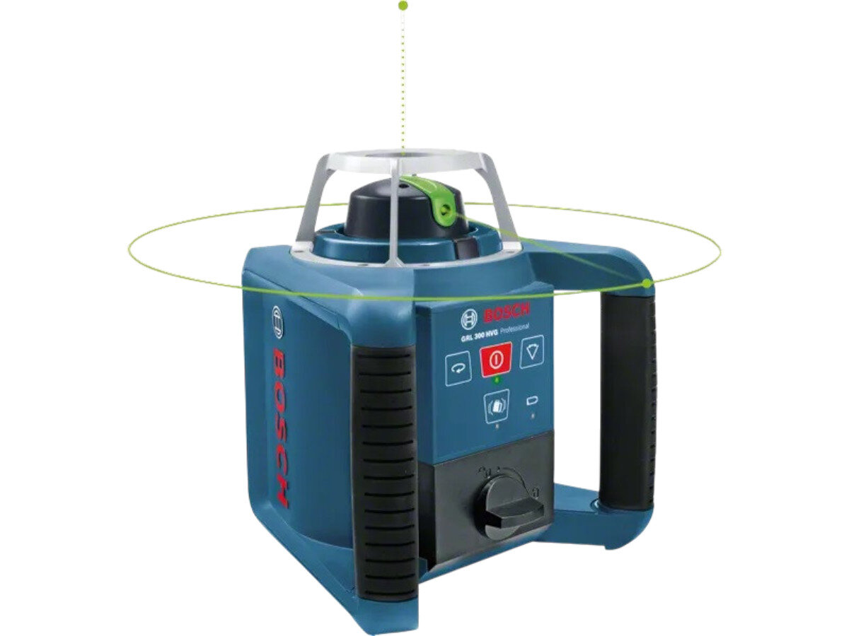 Na obrazie widoczny jest niebieski laser rotacyjny z czarnymi uchwytami i panel sterowania z przyciskami. Na urządzeniu znajduje się logo \'BOSCH\' oraz napis \'GRL 300 HVG Professional\'.