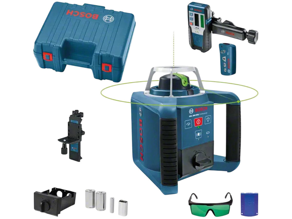 Na obrazie znajduje się zestaw narzędziowy z laserem rotacyjnym marki BOSCH, w skład którego wchodzi laser, walizka, uchwyty, baterie, okulary ochronne i dodatkowe akcesoria. Widoczne jest logo BOSCH na walizce i laserze.