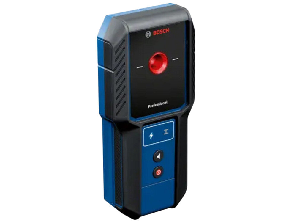 Detektor BOSCH GMS 100-23, znacznik, otwór, precyzja, baterie, na białym tle detektor frontem lewo skos