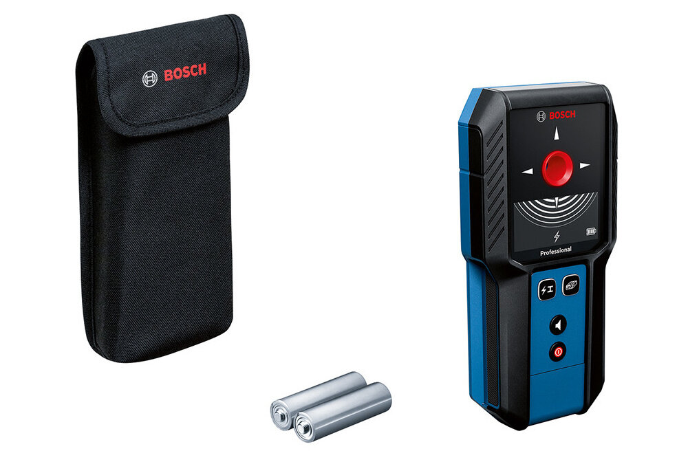 Detektor BOSCH GMS 120-27 zestaw na białym tle w zestawie detektor dwie baterie AA etui dokumentacja