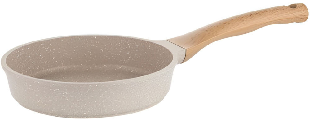 Patelnia FLORINA Oslo 1P2221 24 cm do każdej kuchni patelnia leży bokiem kremowa marmurkowa rączka imituje drewno białe tło