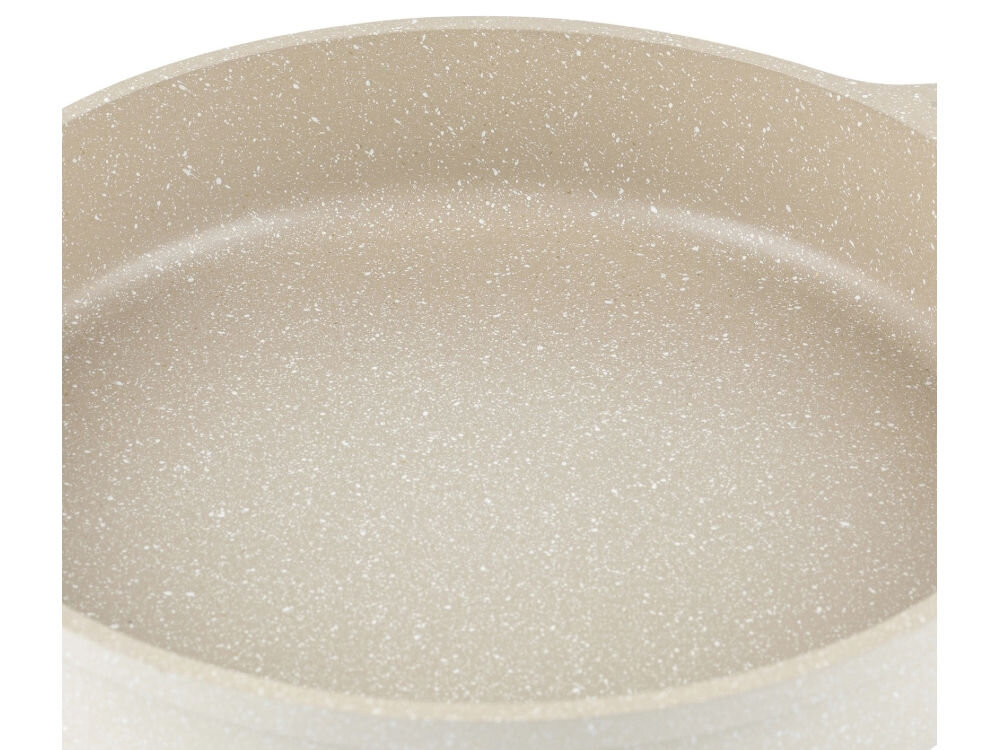 Patelnia FLORINA Oslo 1P2221 24 cm zbliżenie na dno kremowy kolor marmurkowy białe tło piękny design wyjątkowa funkcjonalność ceramiczna powłoka optymalne przewodzenie ciepła komfort gotowania estetyka kuchennych akcesoriów jakość praktyczność  