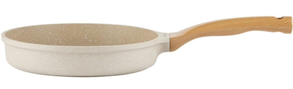 Patelnia FLORINA Oslo 1P2221 24 cm patelnia leży bokiem kremowa marmurkowa rączka imitująca drewno białe tło odlewane aluminium odporność na odkształcenia zewnętrzna powłoka jest odporna na wysokie temperatury intensywne użytkowanie 