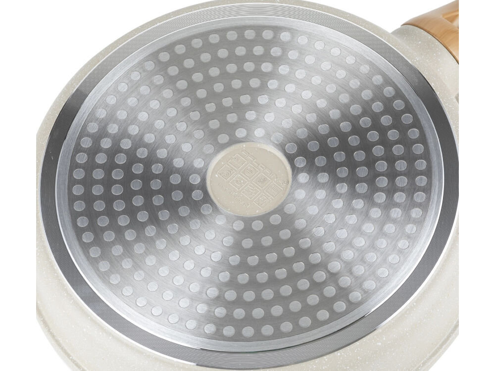 Patelnia FLORINA Oslo 1P2221 24 cm spód patelni srebrny widać powłokę w kolorze kremowym marmurkowa białe tło uniwersalność dno do użytku na wszystkich rodzajach kuchenek gazowych, elektrycznych, ceramicznych indukcyjnych szybkie śniadanie wykwintny obiad ułatwiając gotowanie 