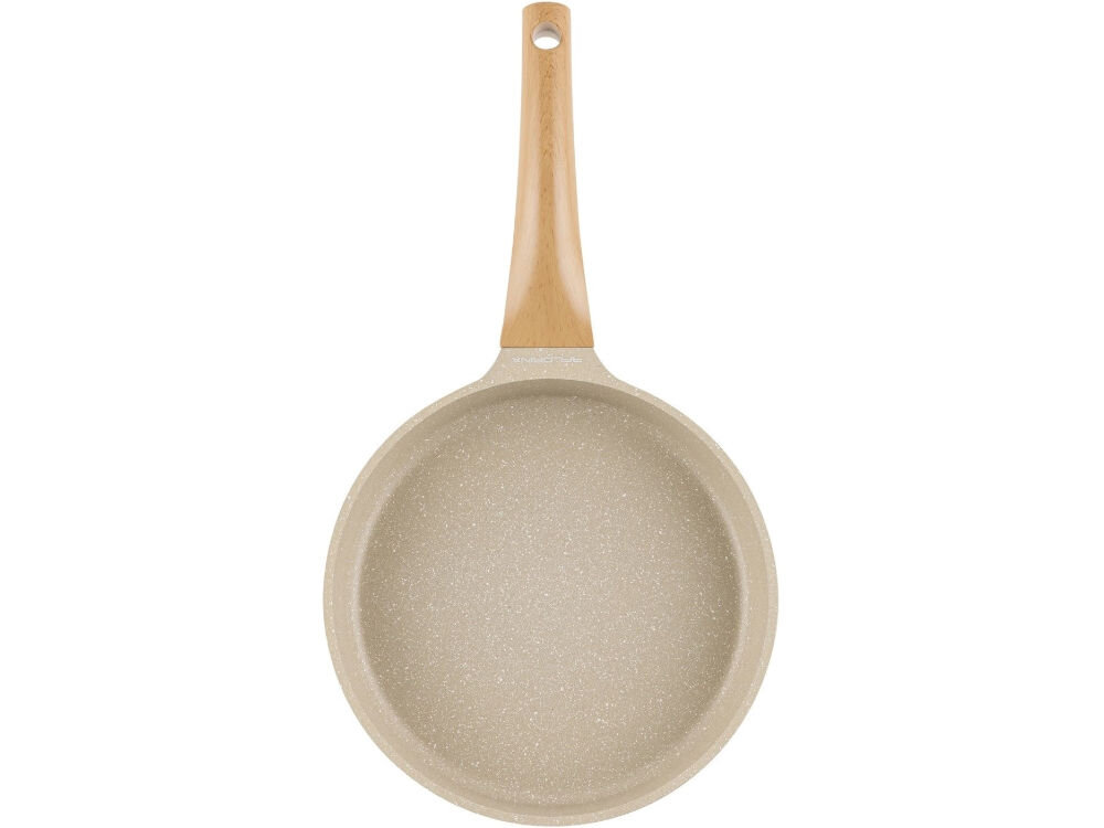 Patelnia FLORINA Oslo 1P2223 28 cm patelnia leży przodem kremowy marmurkowy kolor rączka imitacja drewna białe tło średnica 28 cm styl funkcjonalność trwałość z odlewanego aluminium wytrzymałość równomierne rozprowadzanie ciepła optymalnie usmażone potrawy ceramiczna powłoka nieprzywierająca smażenie z minimalnym dodatkiem tłuszczu kremowy, marmurowy kolor elegancki charakter