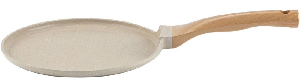 Patelnia FLORINA do naleśników Oslo 1P2224 24 cm do każdej kuchni patelnia leży bokiem kremowa marmurkowa rączka imituje drewno białe tło