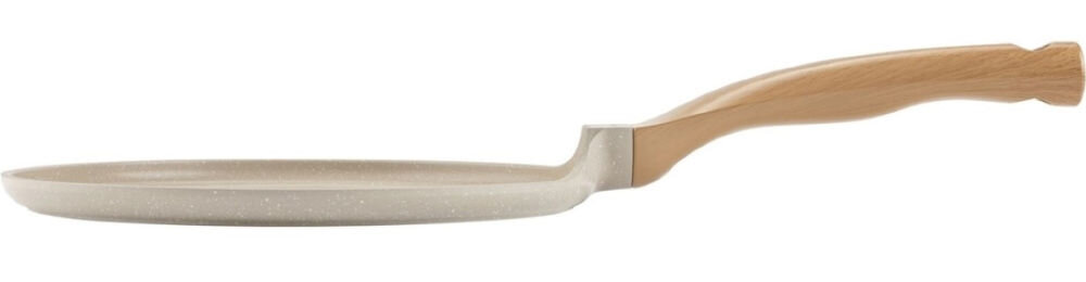 Patelnia FLORINA do naleśników Oslo 1P2224 24 cm patelnia leży bokiem kremowa marmurkowa rączka imitująca drewno białe tło odlewane aluminium odporność na odkształcenia zewnętrzna powłoka jest odporna na wysokie temperatury intensywne użytkowanie