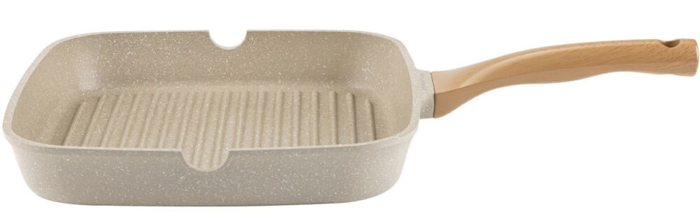 Patelnia grillowa FLORINA Oslo 1P2226 28 cm do każdej kuchni patelnia leży bokiem kremowa marmurkowa rączka imituje drewno białe tło