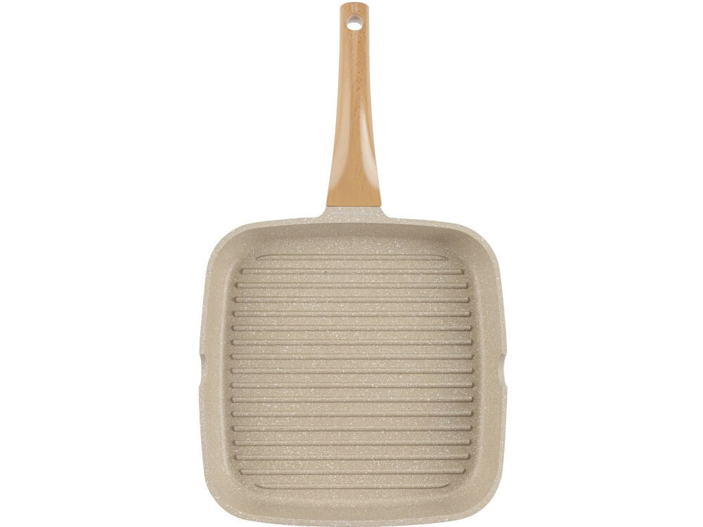 Patelnia grillowa FLORINA Oslo 1P2226 28 cm patelnia leży przodem kremowy marmurkowy kolor wyżłobienia rączka imitacja drewna białe tło średnica 28 cm styl funkcjonalność trwałość z odlewanego aluminium wytrzymałość równomierne rozprowadzanie ciepła optymalnie usmażone potrawy ceramiczna powłoka nieprzywierająca grillowanie z minimalnym dodatkiem tłuszczu kremowy, marmurowy kolor elegancki charakter