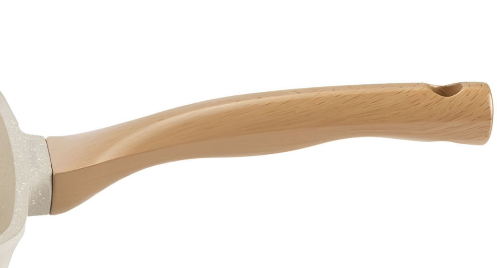 Patelnia grillowa FLORINA Oslo 1P2226 28 cm zbliżenie na rączkę imitacja drewna białe tło trwałość wygoda rączka patelni nie nagrzewa się miękka w dotyku i ergonomiczna przyjemne i bezpieczne gotowanie funkcjonalność elegancja  harmonijnie współgra z resztą designu skandynawski charakter