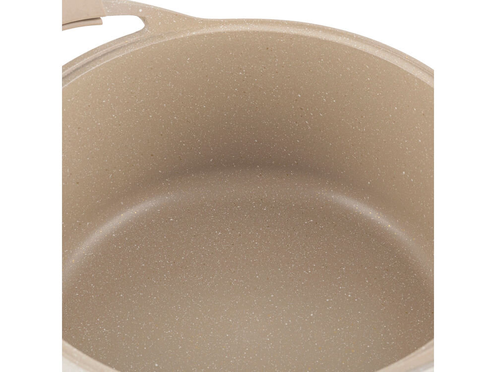 Garnek aluminiowy FLORINA Oslo 28CM 4L Kremowy wnętrze garnka kremowy kolor dno ścianki białe tło średnica 28 cm pojemność 4 l dla rodzin gotowanie większych porcji potraw wysokość 7,5 cm odpowiednia przestrzeń przygotowywanie zup sosów dań jednogarnkowych z aluminium pokryty ceramiczną powłoką nieprzywierającą łatwość w czyszczeniu zalecane mycie ręczne zachowanie trwałości 