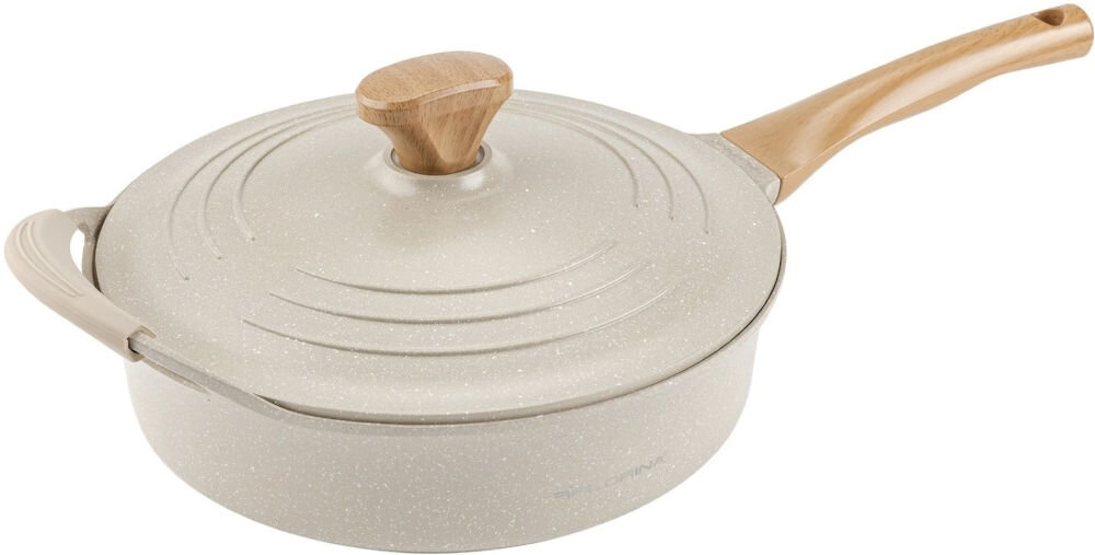 Patelnia FLORINA Oslo 1P2232 28 cm do każdej kuchni patelnia leży bokiem kremowa marmurkowa rączka imituje drewnozamknięta pokrywką uchwyt na pokrywce białe tło