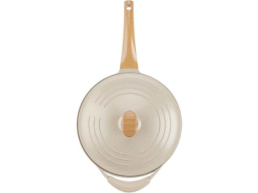 Patelnia FLORINA Oslo 1P2232 28 cm patelnia leży przodem kremowy marmurkowy kolor wyżłobienia pokrywka z uchwytem rączka imitacja drewna białe tło średnica 28 cm styl funkcjonalność trwałość z odlewanego aluminium wytrzymałość równomierne rozprowadzanie ciepła optymalnie usmażone potrawy ceramiczna powłoka nieprzywierająca grillowanie z minimalnym dodatkiem tłuszczu kremowy, marmurowy kolor elegancki charakter 