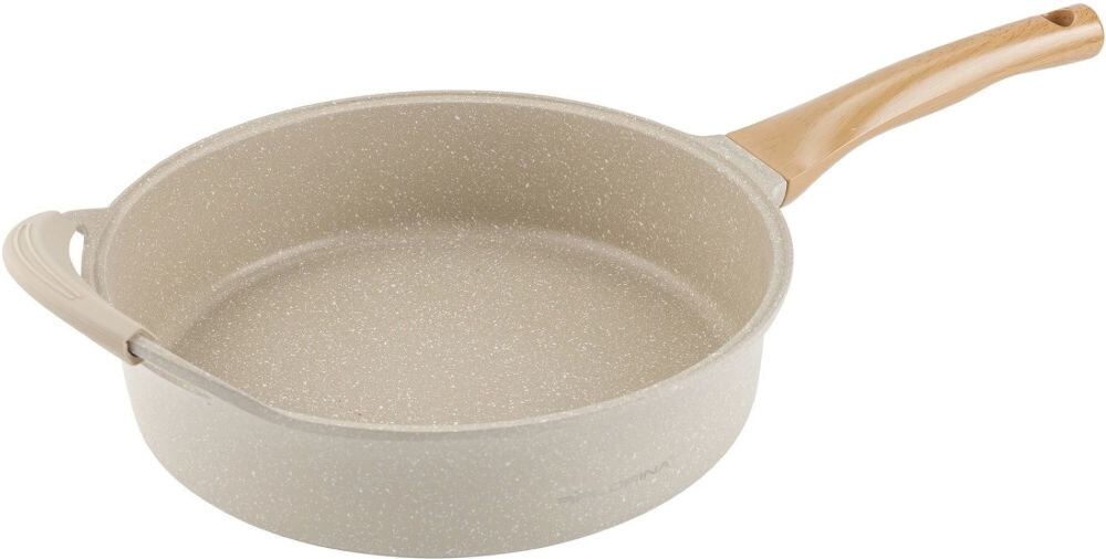 Patelnia FLORINA Oslo 1P2232 28 cm zbliżenie na dno kremowy kolor marmurkowy  wyżłobienia białe tło piękny design wyjątkowa funkcjonalność ceramiczna powłoka optymalne przewodzenie ciepła komfort gotowania estetyka kuchennych akcesoriów jakość praktyczność  