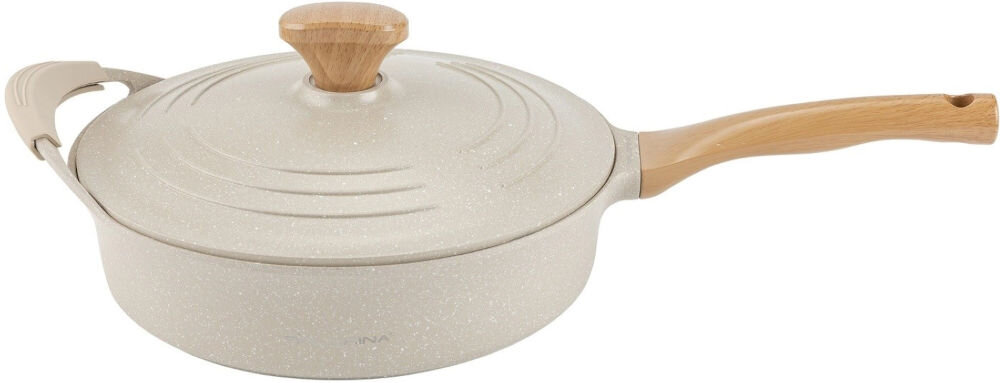 Patelnia FLORINA Oslo 1P2232 28 cm patelnia leży bokiem zamknięta pokrywką kremowa marmurkowa rączka imitująca drewno białe tło odlewane aluminium odporność na odkształcenia zewnętrzna powłoka jest odporna na wysokie temperatury intensywne użytkowanie pokrywka zachowanie ciepła i wilgotnośći potraw