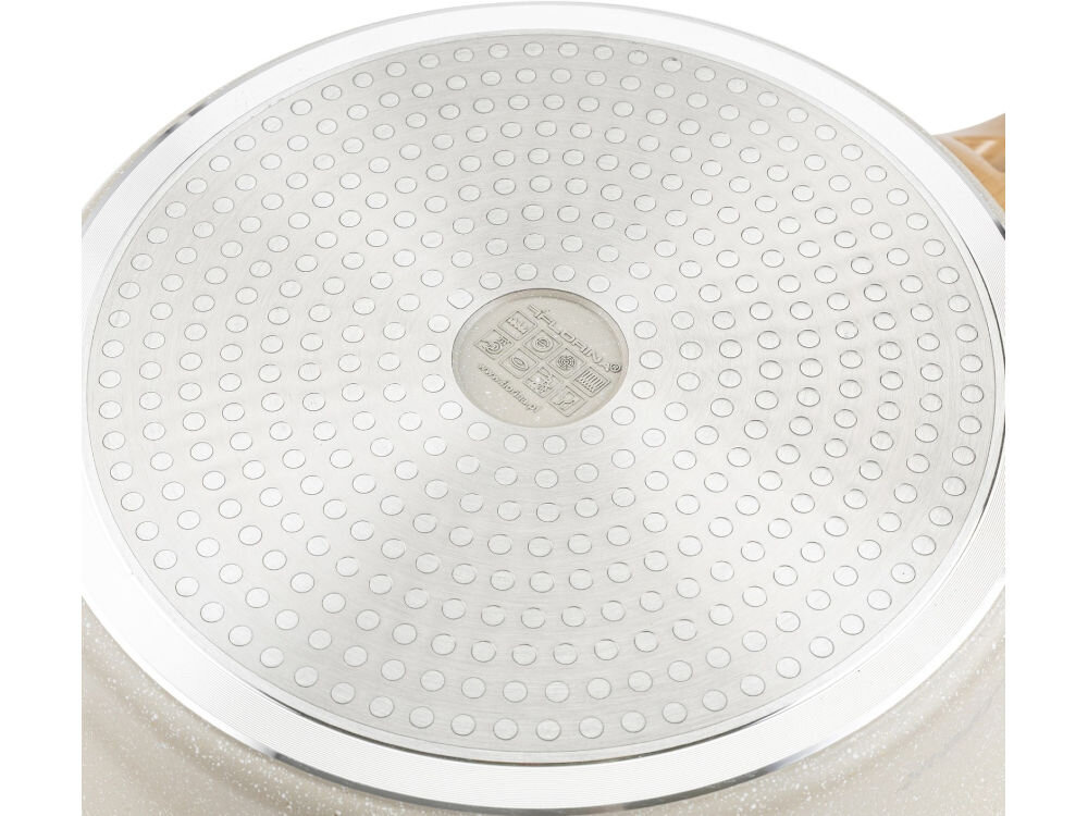 Patelnia FLORINA Oslo 1P2232 28 cm spód patelni srebrny widać powłokę w kolorze kremowym marmurkowa białe tło uniwersalność dno do użytku na wszystkich rodzajach kuchenek gazowych, elektrycznych, ceramicznych indukcyjnych szybkie śniadanie wykwintny obiad ułatwiając gotowanie 