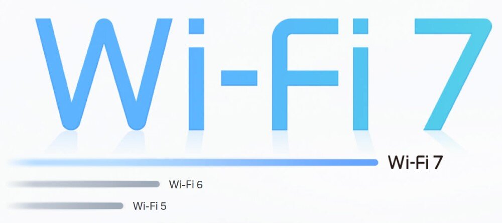 Router TP-LINK Deco BE85 Napis 'Wi-Fi 7' w jasnoniebieskim kolorze, pod którym znajdują się porównawcze paski wydajności Wi-Fi 5, Wi-Fi 6 i Wi-Fi 7, łączność, standard, anteny, przepustowość
