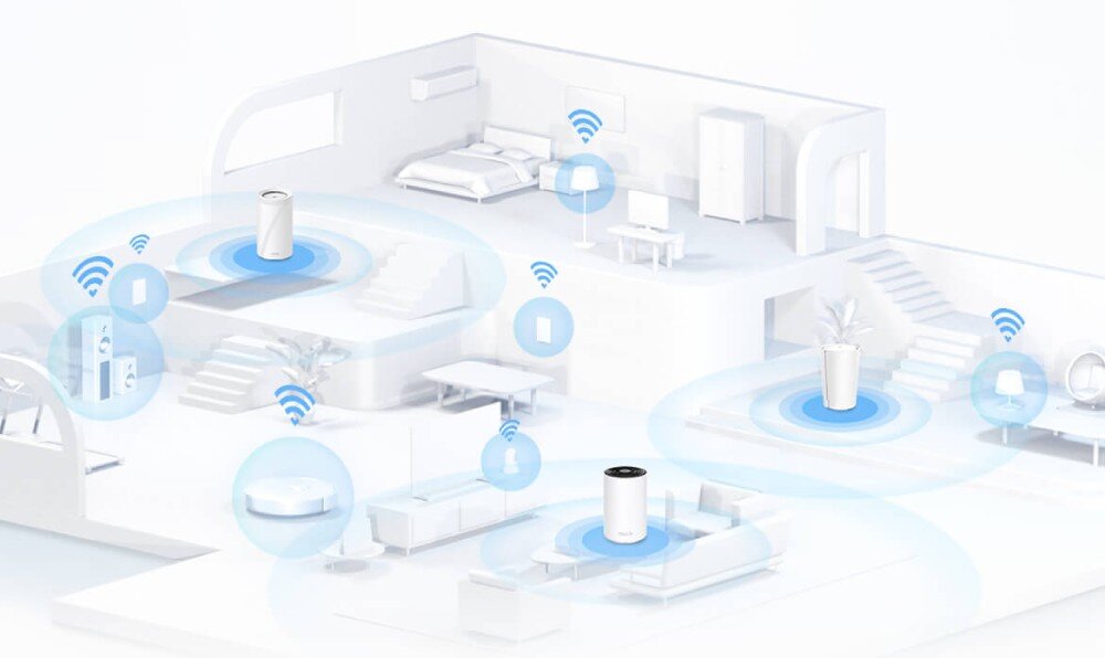 Router TP-LINK Deco BE85 Schemat domu z zaznaczonymi strefami zasięgu Wi-Fi, w których rozmieszczone są urządzenia typu Deco oraz ikony połączeń z różnymi sprzętami, pasma, prędkość, zastosowanie