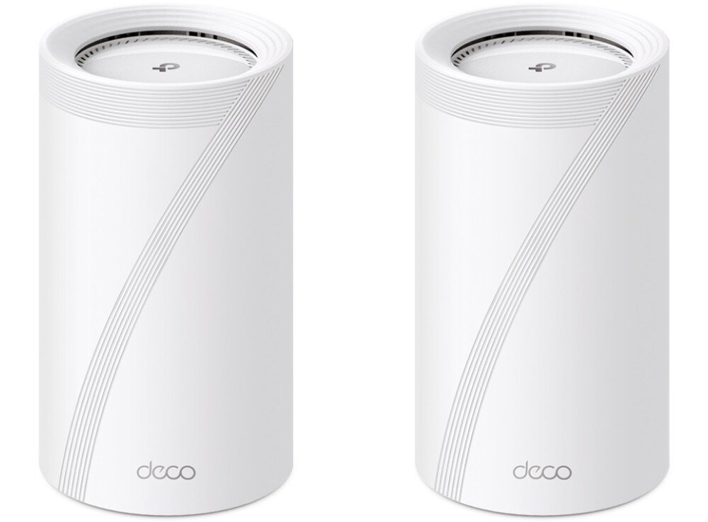 Router TP-LINK Deco BE85 Dwa identyczne, białe, cylindryczne routery Deco ustawione obok siebie na białym tle, tryby działania, serwer FTP, osobna sieć dla IoT